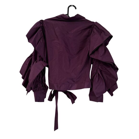 La Fuori Eggplant Silk Ruffle Puff Sleeve Waist Tie Button Blouse Small NEW - Picture 6 of 7